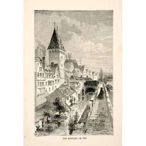   Tower Germany River Danube   Original Wood Engraving