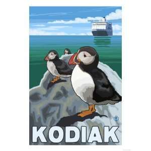 Kodiak, Alaska   Puffins and Alaskan Cruise Ship Premium Poster Print 