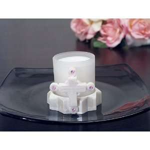  Glass Candle Holder with Cross and Pink Stones