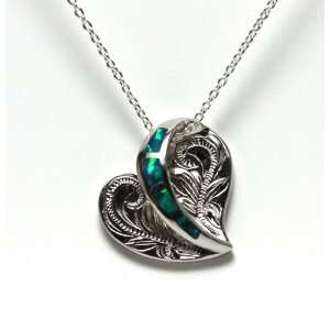  Hawaiian Silver Scroll Heart w/Opal Inlay Pendant Jewelry