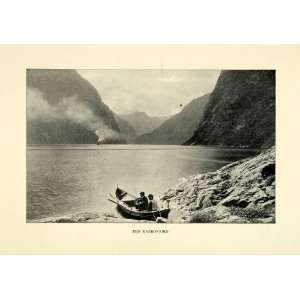 1901 Print Naerofjord Norway Mountains Fiord Cliffs Trees Ship Rowboat 