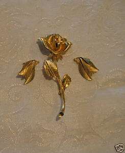 Vintage B S K Rose Brooch & Clip Earrings Gold Tone  