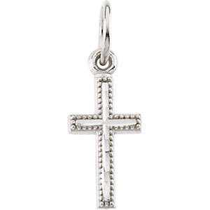   14k White Gold Cross with Bead Edge Necklace, 15 Chain Jewelry