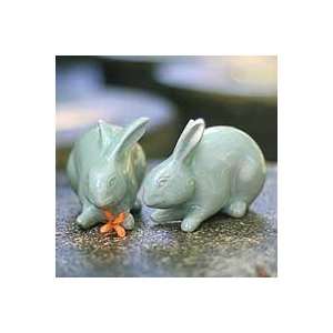  NOVICA Celadon ceramic figurines, Jade Rabbits (pair 