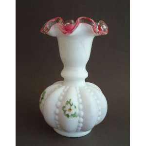  Fenton Glass Peach Crest Beaded Vase #7156 HP Flowers 