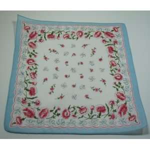  Vintage Ladies Handkerchief With Red Flowers, Leaves And 