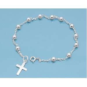 925 Rosary Bracelet 7 Inch   4mm Beads with Dangle Cross Easter, Holy 