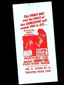 1972 MARK OF THE DEVIL HORROR MOVIE VOMIT BAG GIVE AWAY  
