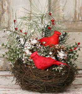   Primitive WINTER FLORAL Snowy Pine CARDINAL BIRD NEST Arrangement