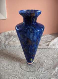 Vintage Crystal Glass Mottled Cobalt Blue Yellow Vase  