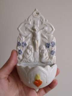 antique vintage French holy water font ceramic  