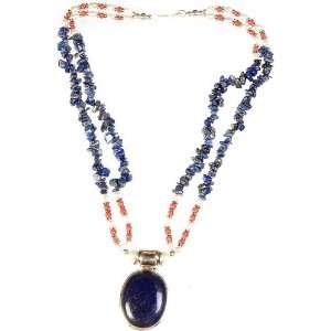  Lapis Lazuli, Pearl and Coral Necklace   Sterling Silver 