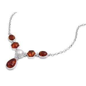 Amber and Mabe Pearl Necklace   Sterling Silver   17 Length, 30 mm 