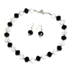 Faceted Bead Necklace Set; 18L; Silver Metal; Black And Clear Faceted 