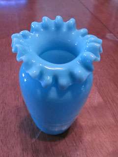 Vtg Antique Victorian Hand Blown Blue Milk Glass Ruffle Vase  