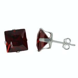  4 ct Sterling Silver Garnet Red Colored Square CZ Stud 