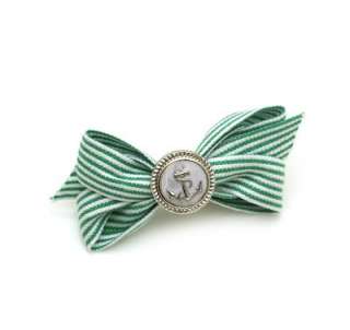 Green White Stripe Ribbon Bow Anchor Button Hair Clip  