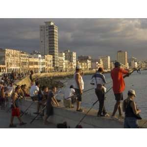Men Fishing at Sunset, Avenue Maceo, El Malecon, Havana, Cuba, West 