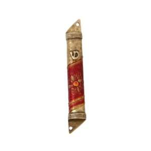  Semicircle Pewter Mezuzah with Red and Gold Band, Orange 