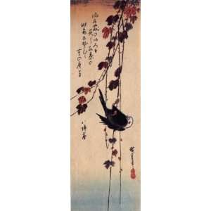   Utagawa Hiroshige A small black bird hanging on ivy