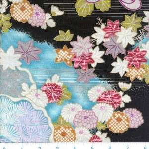  45 Wide Kimono Art Floral Blossoms Black Fabric By The 