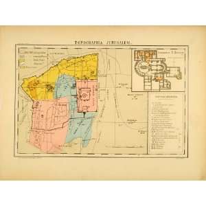  1893 Lithograph Map Jerusalem Topographical Antique 