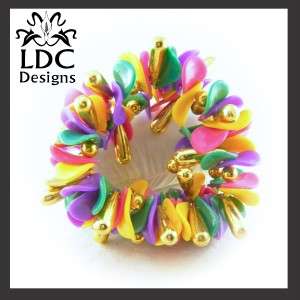 Unique Colorful Beaded Petal Scrunchie Ponytail Holder Gold Bead 