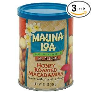 Mauna Loa Macadamia Nuts, Honey Roasted, 4.5 Ounce Cans (Pack of 3 