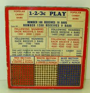 Vintage 1 2 3c Play Candy Bar Punch Board  