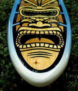 Blue  Tiki Wood Surfboard Art Beach Surf Decor  