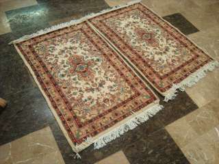 IVORY FLOWER PAIR HAND KNOTTED RUG WOOL SILK CARPET 3X2  