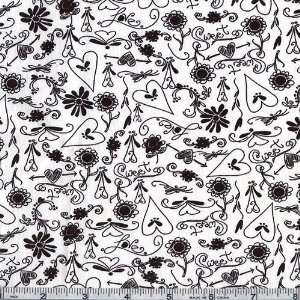  45 Wide Classic Black Hearts & Flowers White Fabric By 