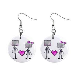  Robot Couple Love Dangle Button Earrings Jewelry 1 inch 