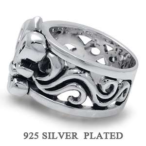   Silver Plated Brass FLEUR DE LIS w/ TRIBAL TATTOO Mens Ring  