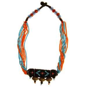    Orange and Blue Ethnic Beady Beads Neckalce 