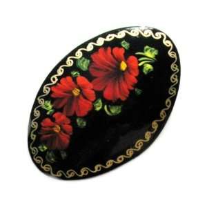  GreatRussianGifts Three Flowers Oval Lacquer Broach   Red 