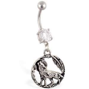  Belly ring with dangling full moon feathers and wolf 