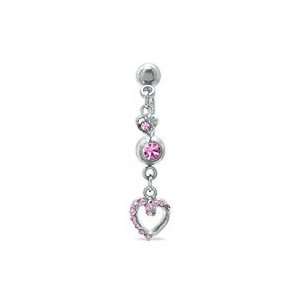 014 Gauge Top Down Dangle Heart Belly Button Ring with Pink Crystals 