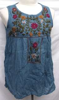 Peasant Boho Embroidered Flower Floral Sleeveless Cotton TOP Blouse Sz 