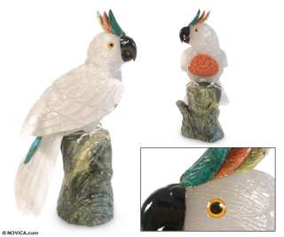 COCKATOO~Carved Onyx & Jasper Sculpture~NOVICA Art~Bird  