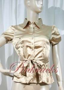 New Gold Button Up Short Sleeve Tied Satin Blouse  