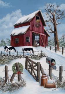 Country Winter Christmas Barn Cow Cows Snow Farm SM flag  
