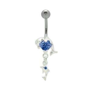  Dangle Dolphin Belly Button Ring with Dark Blue Cz Gem 