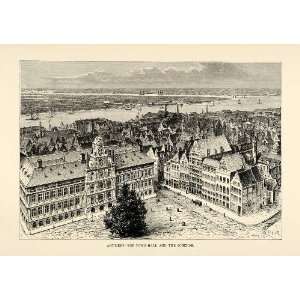  1882 Wood Engraving Art Antwerp Belgium Cityscape Town 