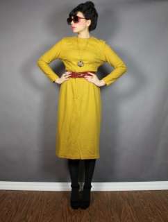 vintage 60s Rare Zipper Slvs. BEATNIK Mustard Wool Wiggle Dress M 