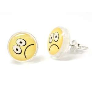    925 Silver 10mm Faced Sad Emoticon Earrings by TOC Size 0 Jewelry