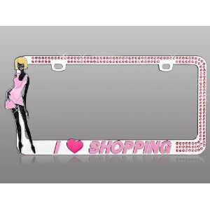 LOVE SHOPPING Design with Dazzling Pink Crystals License Plate Frame 