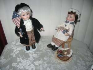 Betsy Ross Doll on Stool & Ben Franklin Doll w/Kite  