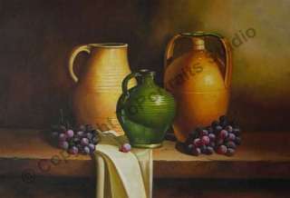 Still Life Pots & Grapes   Original Canvas Oil Painting  