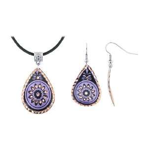 Copper Purple and Black Enamel Teardrop Flower Earrings and Necklace 